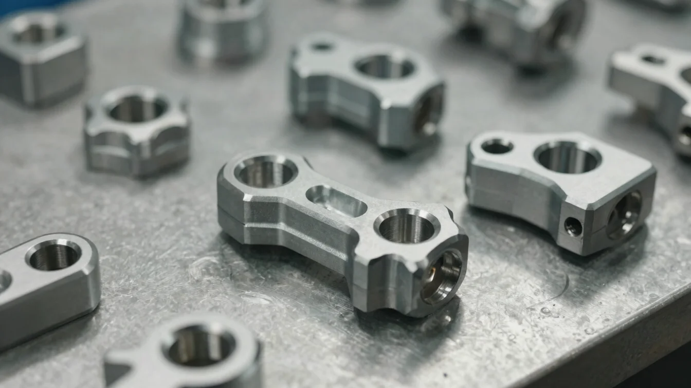 Close-up of CNC-machined motorcycle accessory parts on a clean st