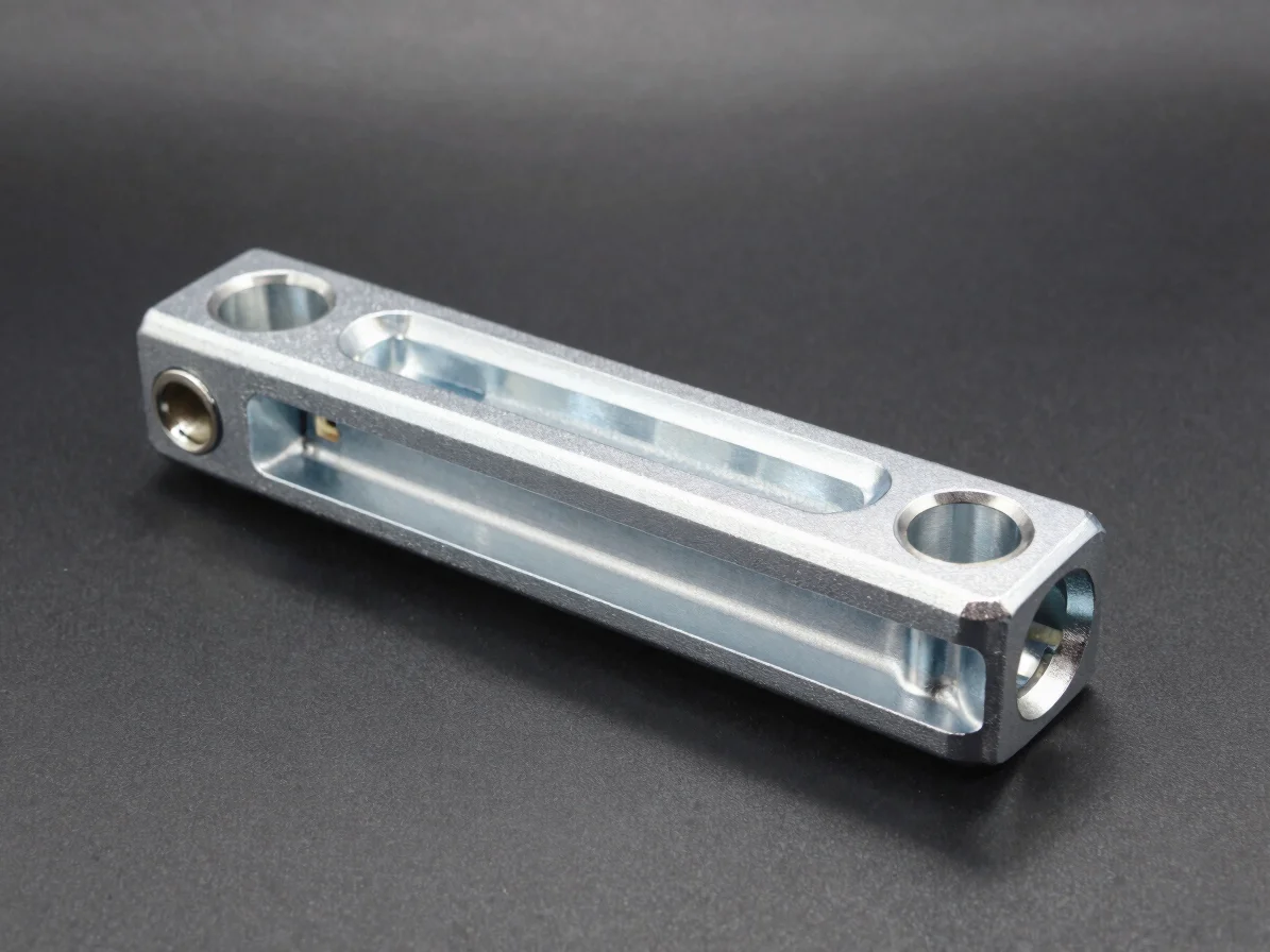 Technical product photograph of anodized aluminum motorcycle foot pegs on a dark surface, macro detail, crisp softbox li