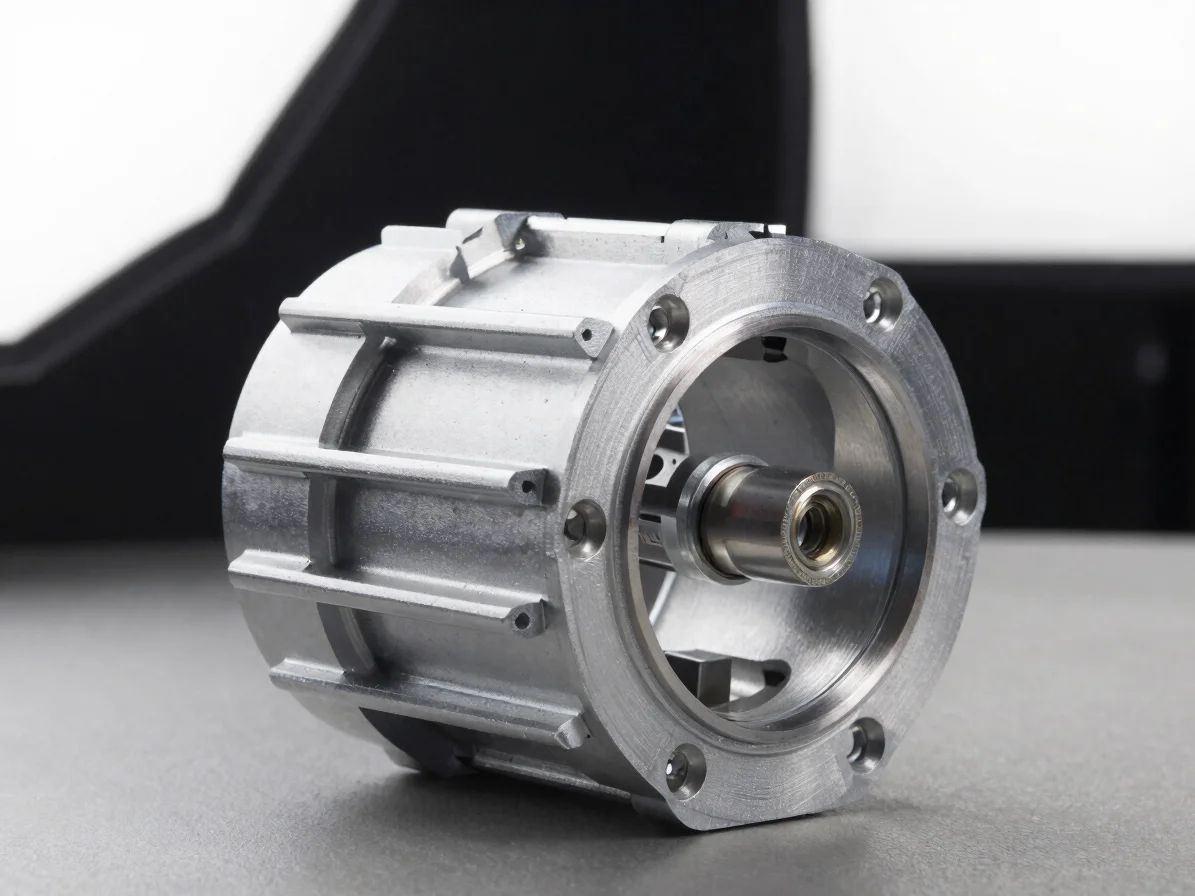 Technical product photograph of a CNC-machined aluminum motor protector and frame bracket, macro detail of machined surf