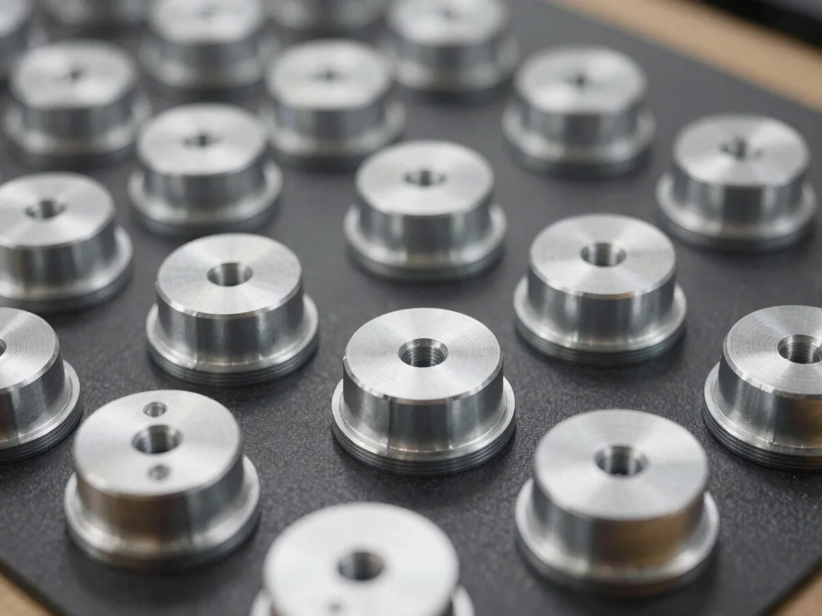 Technical product photograph of machined aluminum protective covers and guards on a dark surface, macro detail, crisp so