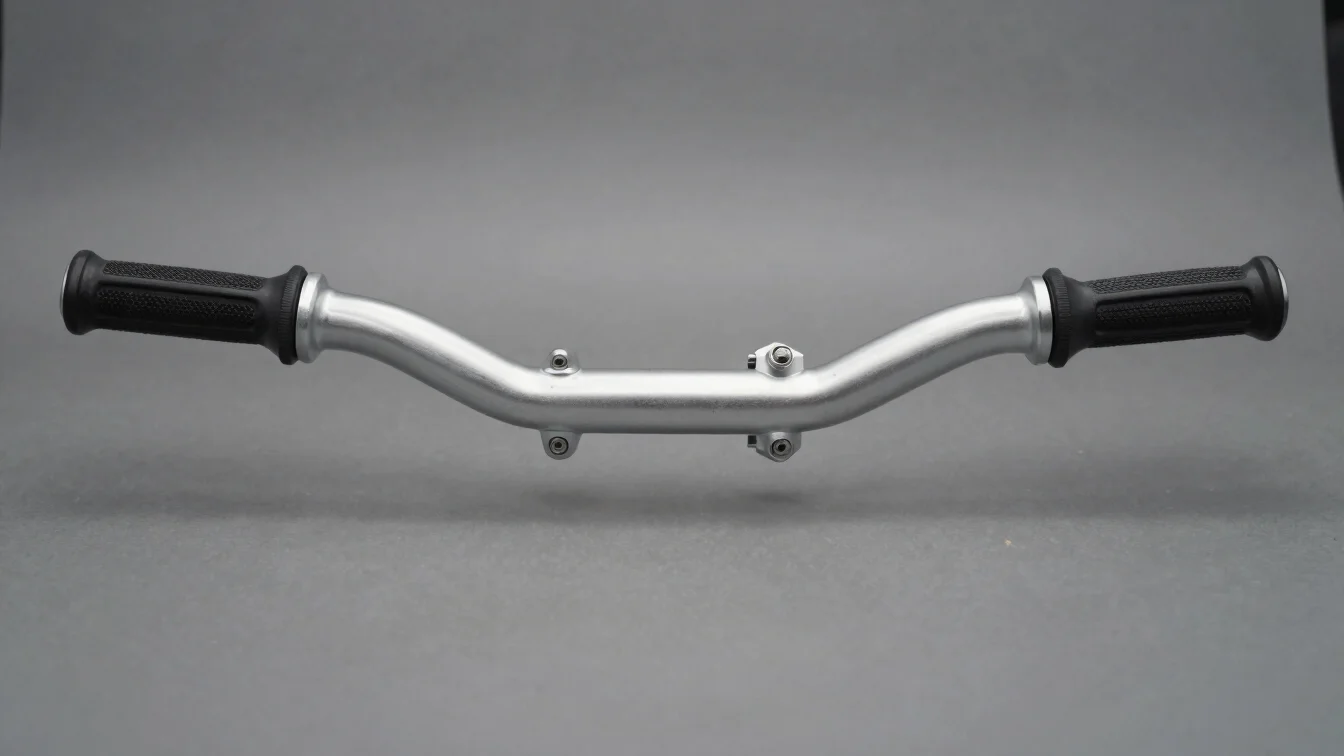 Machined motorcycle handlebar under clean workshop light, readabl