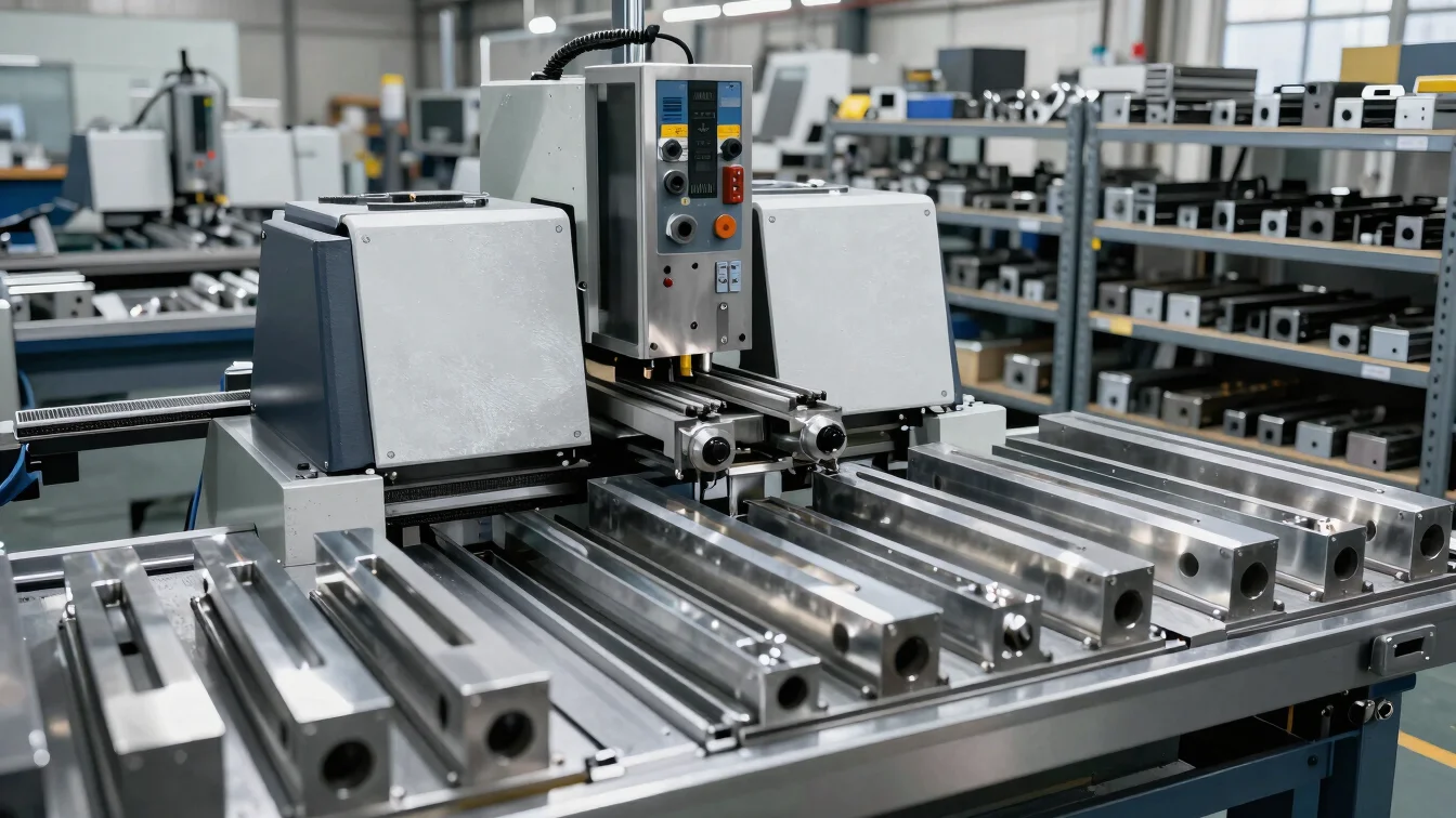 Wide view of an industrial CNC workshop with machine tooling setu
