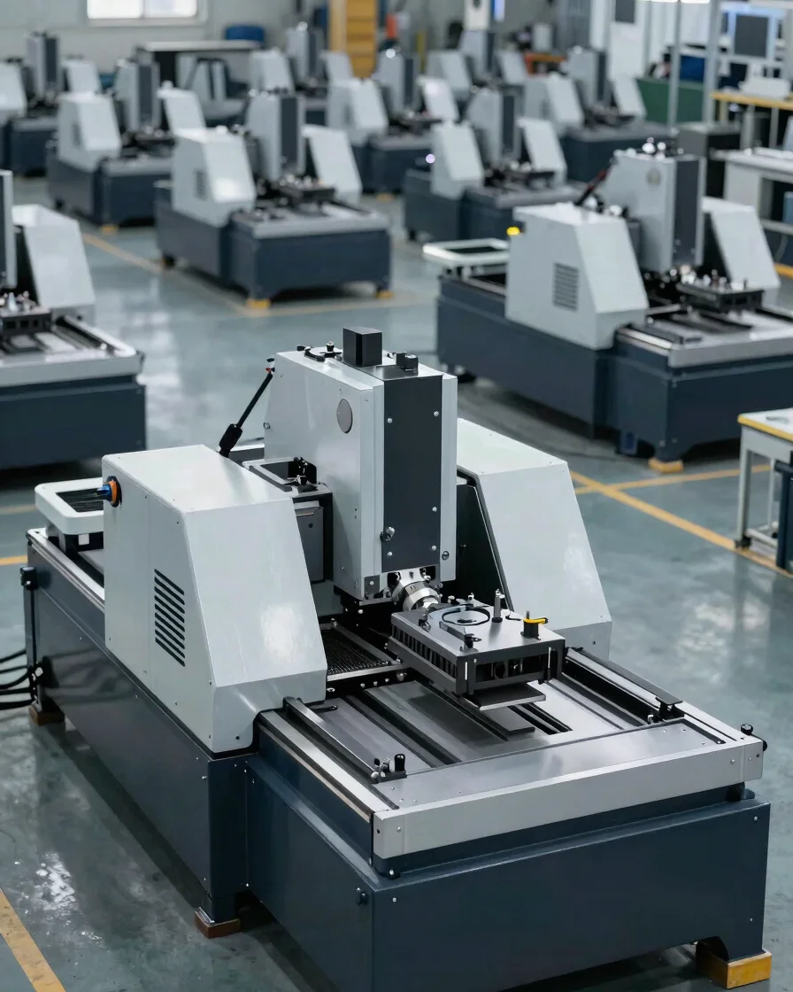 Wide environmental frame of an industrial CNC factory floor with machine tooling and organized workstations, cool metall