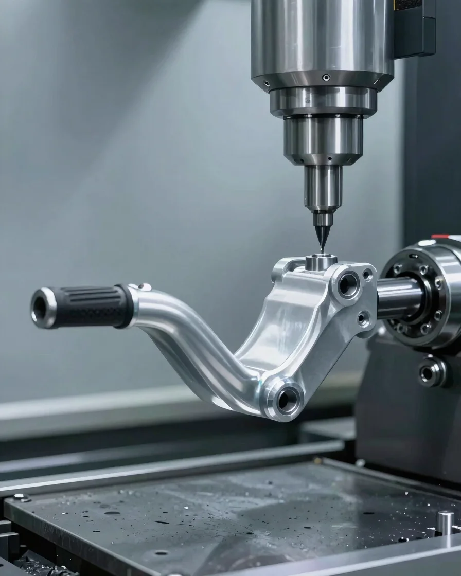 Industrial CNC machining center cutting a machined aluminum motor